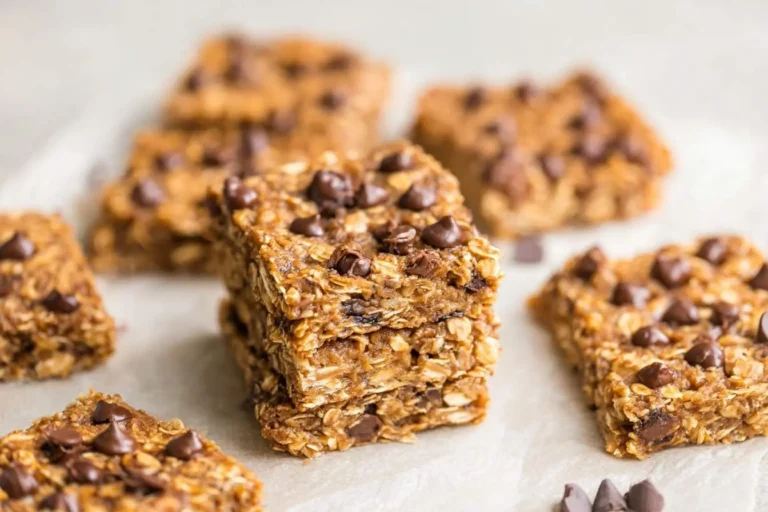 A close-up of a stack of chocolate chip banana oatmeal bars on parchment paper, surrounded by more bars.