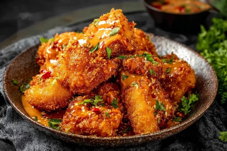 Crispy bang bang chicken pieces generously drizzled with a creamy peanut sauce, garnished with herbs and sesame seeds in a rustic bowl.