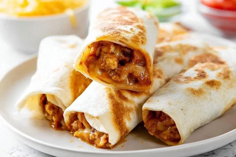 A close-up of golden-brown bean and cheese burritos stacked on a white plate, showing the savory, cheesy filling.