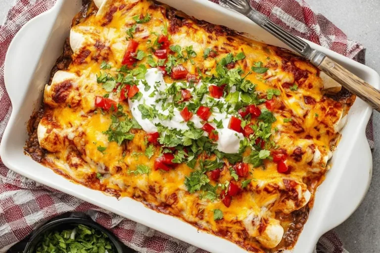 Cheesy Beef and Bean Enchiladas casserole in a white baking dish, generously topped with sour cream, diced tomatoes, and fresh cilantro.