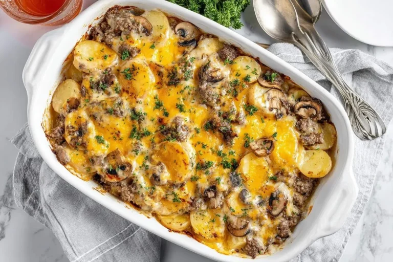 A freshly baked beef and potato casserole in a white dish, topped with melted cheese, mushrooms, and parsley.
