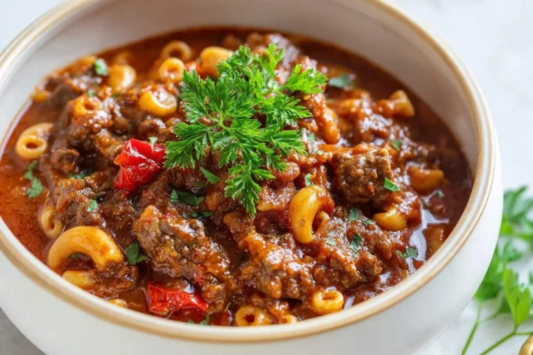 A close-up of a white bowl filled with delicious Beef Goulash, featuring tender beef, pasta, and red peppers, garnished with fresh parsley.