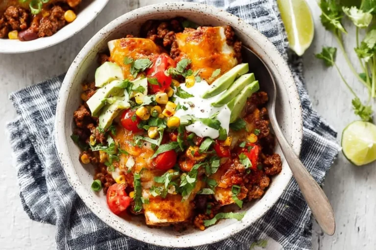 A close-up of a rustic bowl filled with Beef Skillet Enchiladas, topped with avocado, corn, tomatoes, and cilantro.