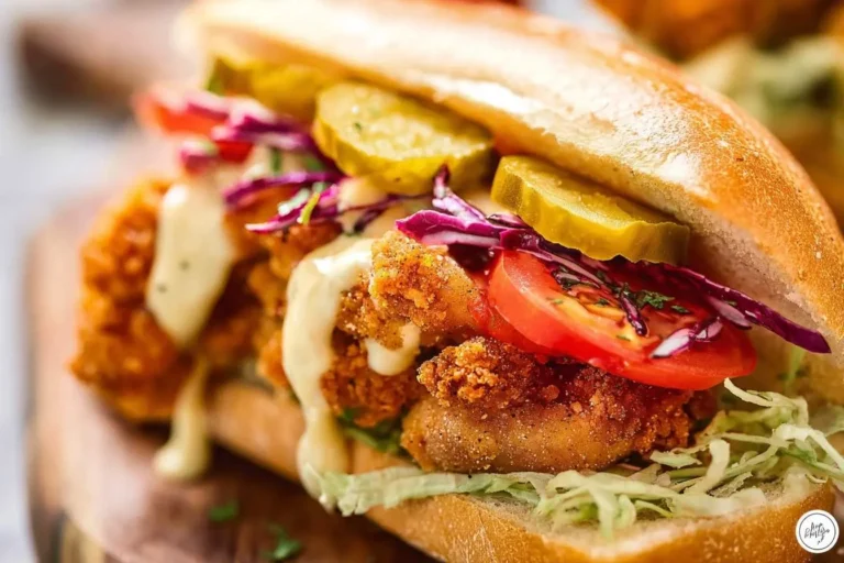 A close-up of a Bird Dog Sandwich featuring crispy fried chicken, fresh lettuce, red cabbage, tomatoes, pickles, and creamy sauce.
