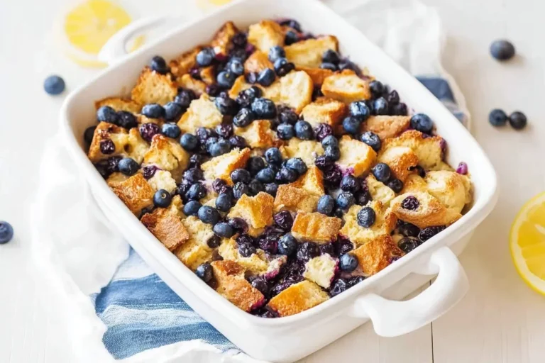 A close-up shot of a baked Blueberry French Toast Casserole in a white ceramic dish, with fresh blueberries and lemon slices nearby.