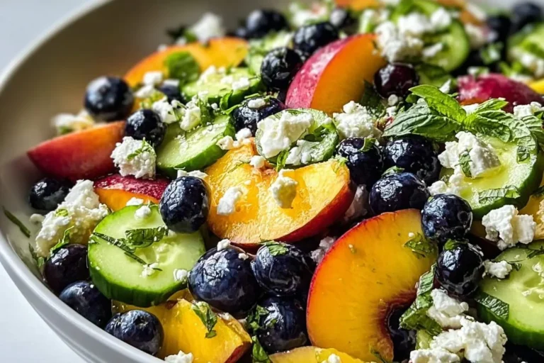 Close-up of a refreshing Blueberry Peach Feta Salad in a white bowl, with blueberries, peach slices, cucumber, feta, and mint.