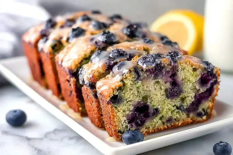 Slices of moist, glazed blueberry zucchini bread arranged on a white plate, with fresh blueberries, lemon, and milk in the background.