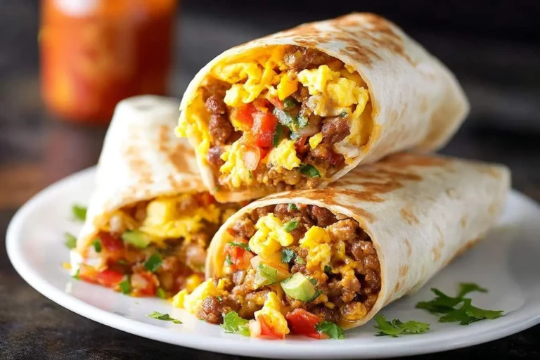 Three hearty Breakfast Burritos, cut in half to show fluffy scrambled eggs, savory meat, fresh tomatoes, and avocado, served on a white plate.