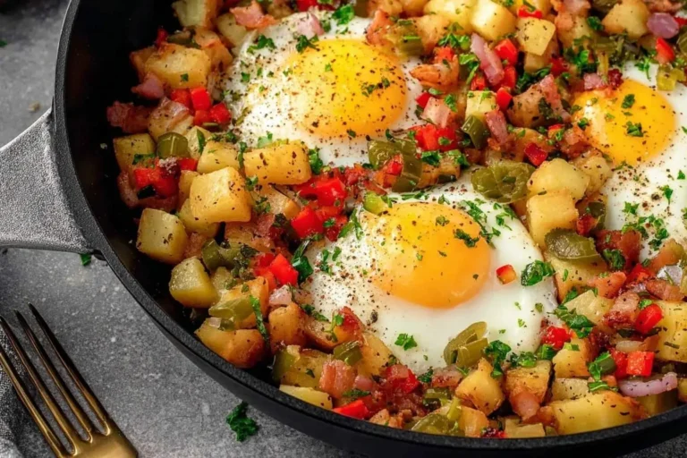 A delicious skillet of golden breakfast hash with three fried eggs, crispy potatoes, colorful peppers, bacon, and fresh herbs.