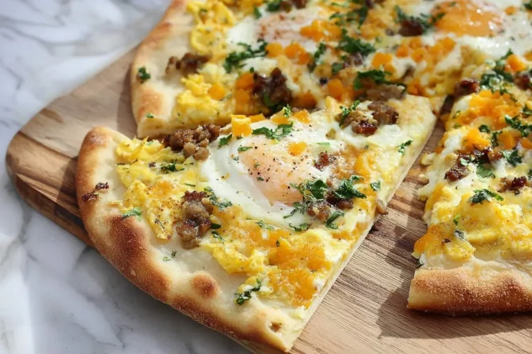 A close-up of a delicious breakfast pizza topped with sunny-side-up eggs, scrambled eggs, sausage, and fresh parsley.