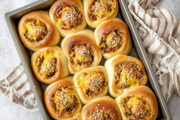 A baking pan filled with warm, savory Breakfast Rolls stuffed with meat, melted cheese, and topped with sesame seeds.