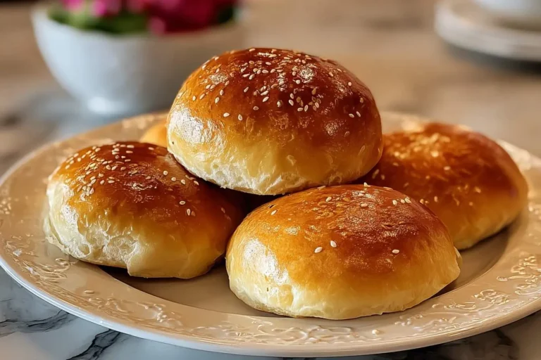 Close-up of freshly baked, golden brown burger buns topped with sesame seeds, stacked on a white decorative plate.
