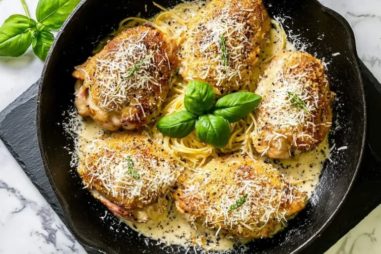 Crispy Cacio E Pepe Chicken thighs with spaghetti in a creamy sauce, topped with Parmesan and fresh basil in a cast iron skillet.