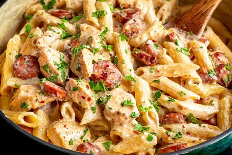 A close-up shot of creamy Cajun Chicken Alfredo pasta with penne, sliced sausage, and fresh parsley in a pot.