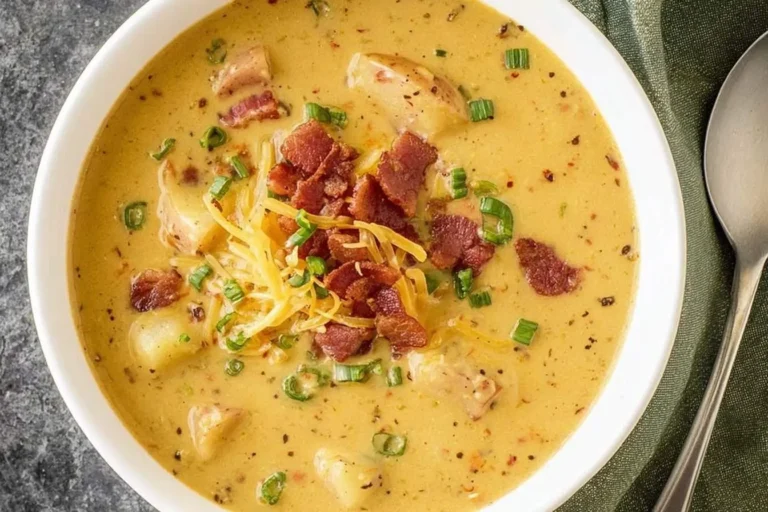A close-up of a creamy bowl of loaded Cajun potato soup, topped with bacon, shredded cheese, and green onions.