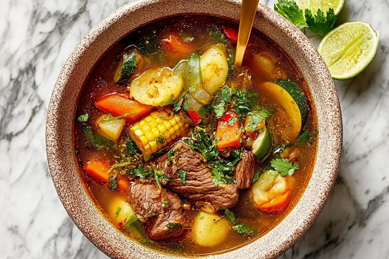 A top-down view of a rustic bowl filled with steaming caldo de res, featuring tender beef, corn on the cob, potatoes, carrots, zucchini, and fresh cilantro, served with lime.