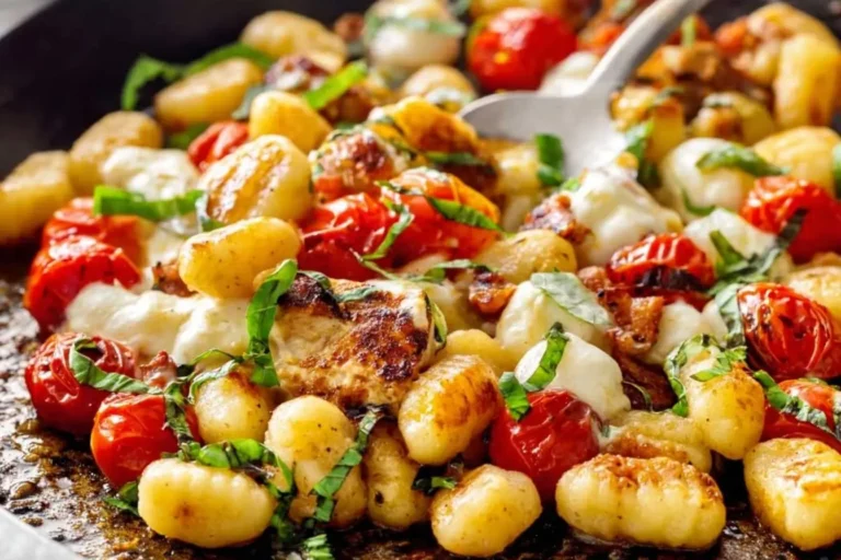 A close-up of a Caprese Chicken Gnocchi Skillet with blistered tomatoes, melted mozzarella, and fresh basil in a dark pan.