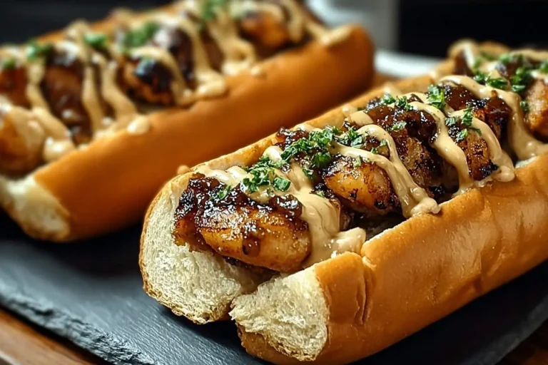 Two gourmet Carolina Bird Dog Sandwiches featuring grilled chicken, a creamy sauce, and fresh herbs on toasted buns.