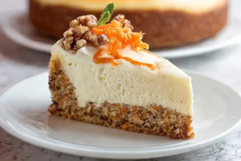 A delicious slice of carrot cake cheesecake on a white plate, topped with walnuts, shredded carrots, and a mint leaf.
