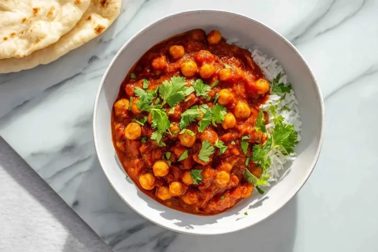 A white bowl filled with vibrant Chana Masala, white rice, and fresh cilantro, served alongside warm naan bread on a white marble surface.