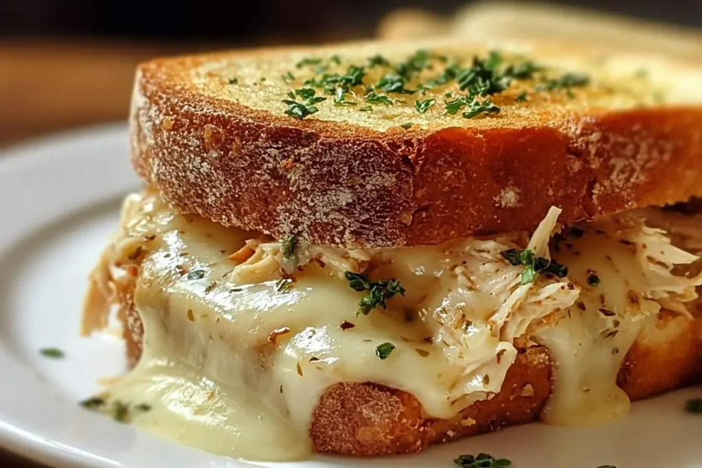 A close-up of a delectable Cheesy Chicken Garlic Bread Sandwich, featuring golden-brown bread, melted cheese, and shredded chicken.