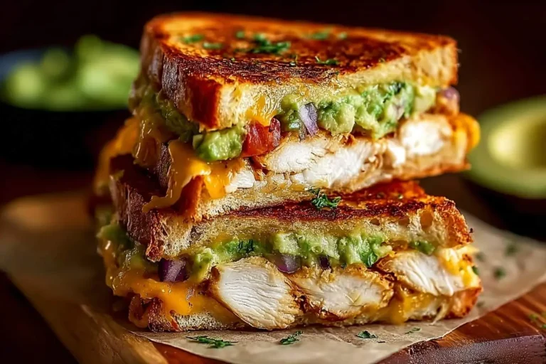 A stack of two halves of a golden-brown Chicken Avocado Melt Sandwich, revealing grilled chicken, melted cheese, and fresh guacamole.