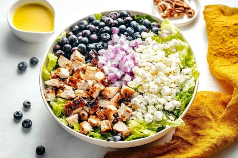 A vibrant Chicken Blueberry Feta Salad in a white bowl, featuring grilled chicken, fresh blueberries, red onion, and crumbled feta over lettuce.