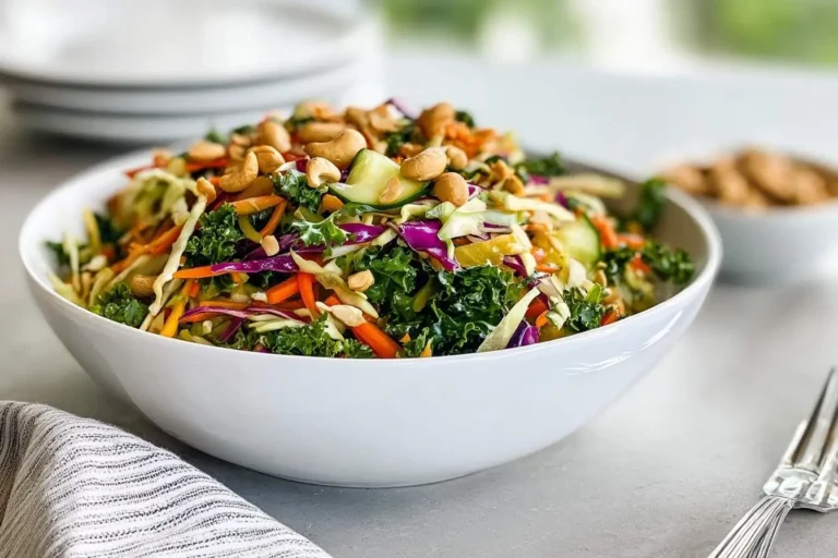 A vibrant Chicken Cashew Crunch Salad in a white bowl, topped with whole cashews, fresh kale, shredded carrots, and cabbage.