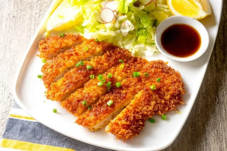 Crispy, golden-brown sliced Chicken Katsu served on a white plate with fresh salad, lemon, and dipping sauce.