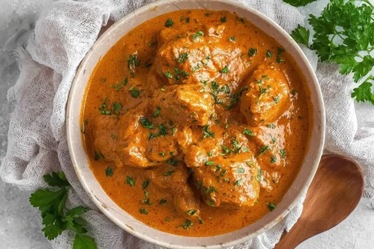 A close-up, overhead shot of a rustic bowl filled with creamy chicken paprikash, garnished with fresh parsley.