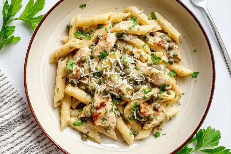 Creamy Chicken Piccata Pasta served in a beige bowl, topped with grilled chicken pieces, capers, fresh parsley, and grated cheese.