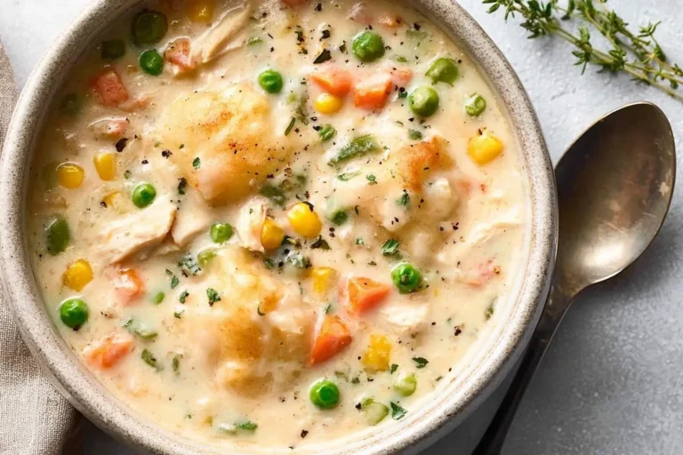 Creamy chicken pot pie soup in a rustic bowl, filled with tender chicken, vibrant peas, carrots, corn, and fluffy dumplings.