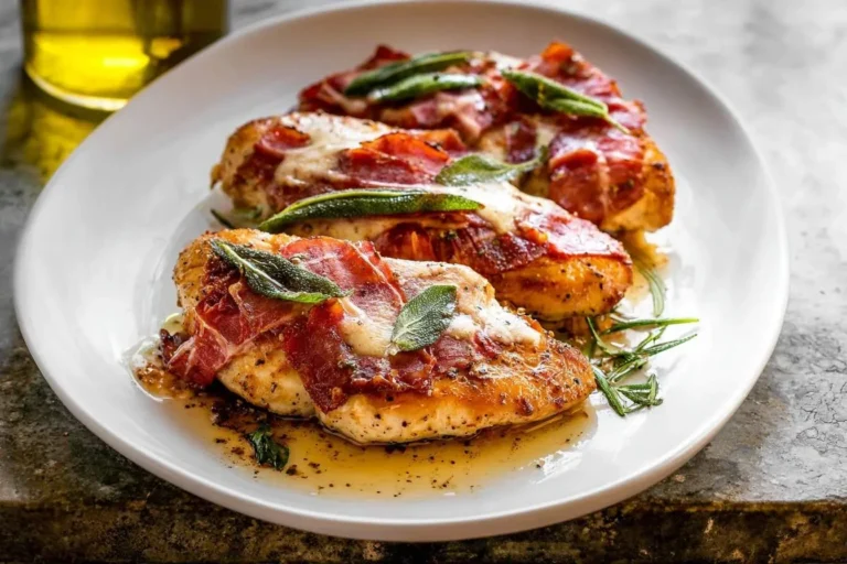 Savory Chicken Saltimbocca topped with prosciutto, melted cheese, and fresh sage, served on a white plate with pan sauce.