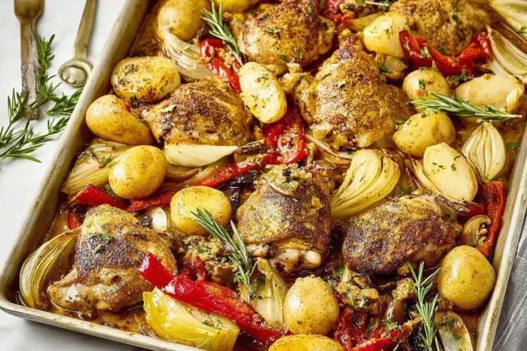 A rustic sheet pan of golden-brown Chicken Scarpariello with roasted baby potatoes, onions, red peppers, and fresh rosemary.