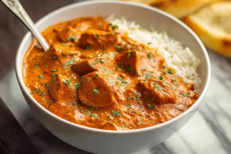 A close-up of a bowl of creamy orange Chicken Tikka Masala with white rice, garnished with green herbs, and a spoon.