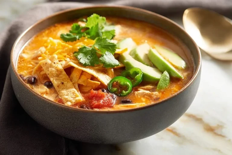 A delicious bowl of chicken tortilla soup topped with crispy tortilla strips, avocado, cheese, jalapeños, and fresh cilantro.