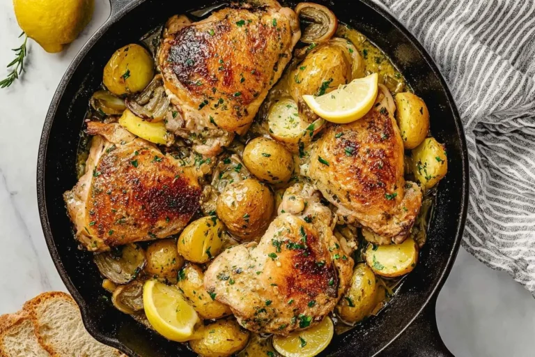 Golden-brown chicken vesuvio with roasted potatoes and herbs served in a cast-iron skillet.
