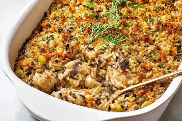 A delicious chicken wild rice casserole in a white baking dish, topped with a crispy golden-brown breadcrumb crust and fresh thyme, with a spoon scooping a portion.