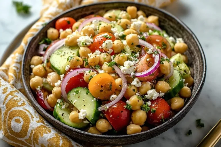 A vibrant chickpea salad in a dark bowl, featuring chickpeas, sliced cucumbers, cherry tomatoes, red onion, and crumbled feta cheese.