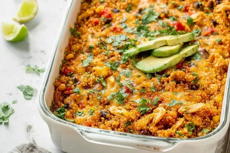 A vibrant Chipotle Quinoa Casserole with Chicken baked in a white dish, topped with melted cheese, cilantro, and sliced avocado, with limes on the side.