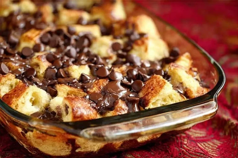 A warm and inviting Chocolate Croissant Breakfast Bake in a clear glass baking dish, generously topped with melted chocolate and chocolate chips.