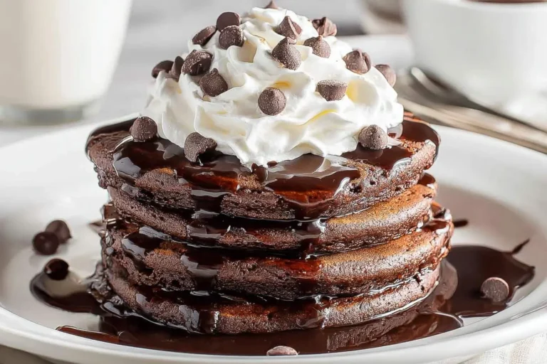 A stack of rich chocolate pancakes drizzled with chocolate syrup, topped with fluffy whipped cream and mini chocolate chips.