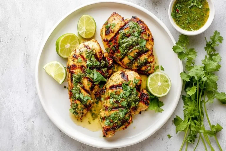 Three perfectly grilled cilantro lime chicken breasts on a white plate, garnished with fresh limes and a vibrant green sauce.