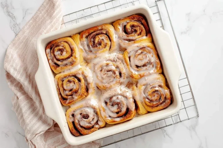 A white baking dish filled with nine freshly baked cinnamon rolls, generously topped with sweet white icing and a sprinkle of cinnamon, resting on a cooling rack.