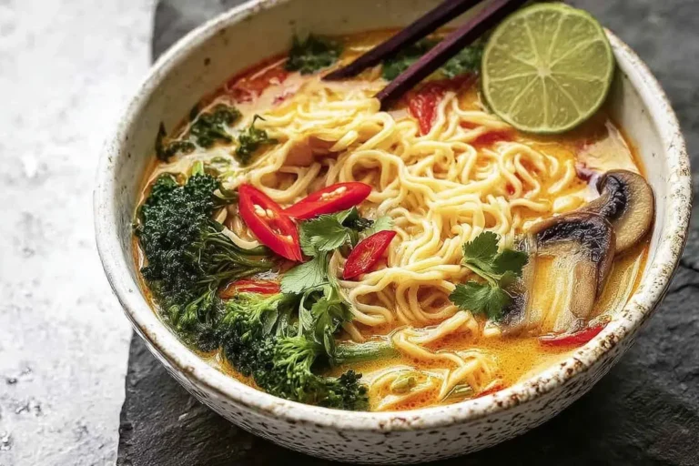 A vibrant bowl of coconut curry ramen with noodles, broccoli, red chilies, cilantro, mushrooms, and a lime wedge, served with chopsticks.