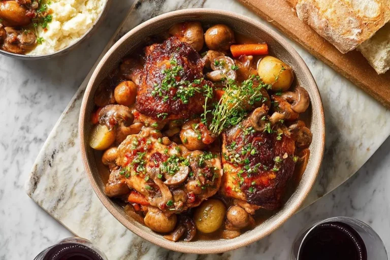 An overhead view of a rustic bowl brimming with delicious coq au vin, featuring chicken, mushrooms, and potatoes, garnished with fresh herbs.