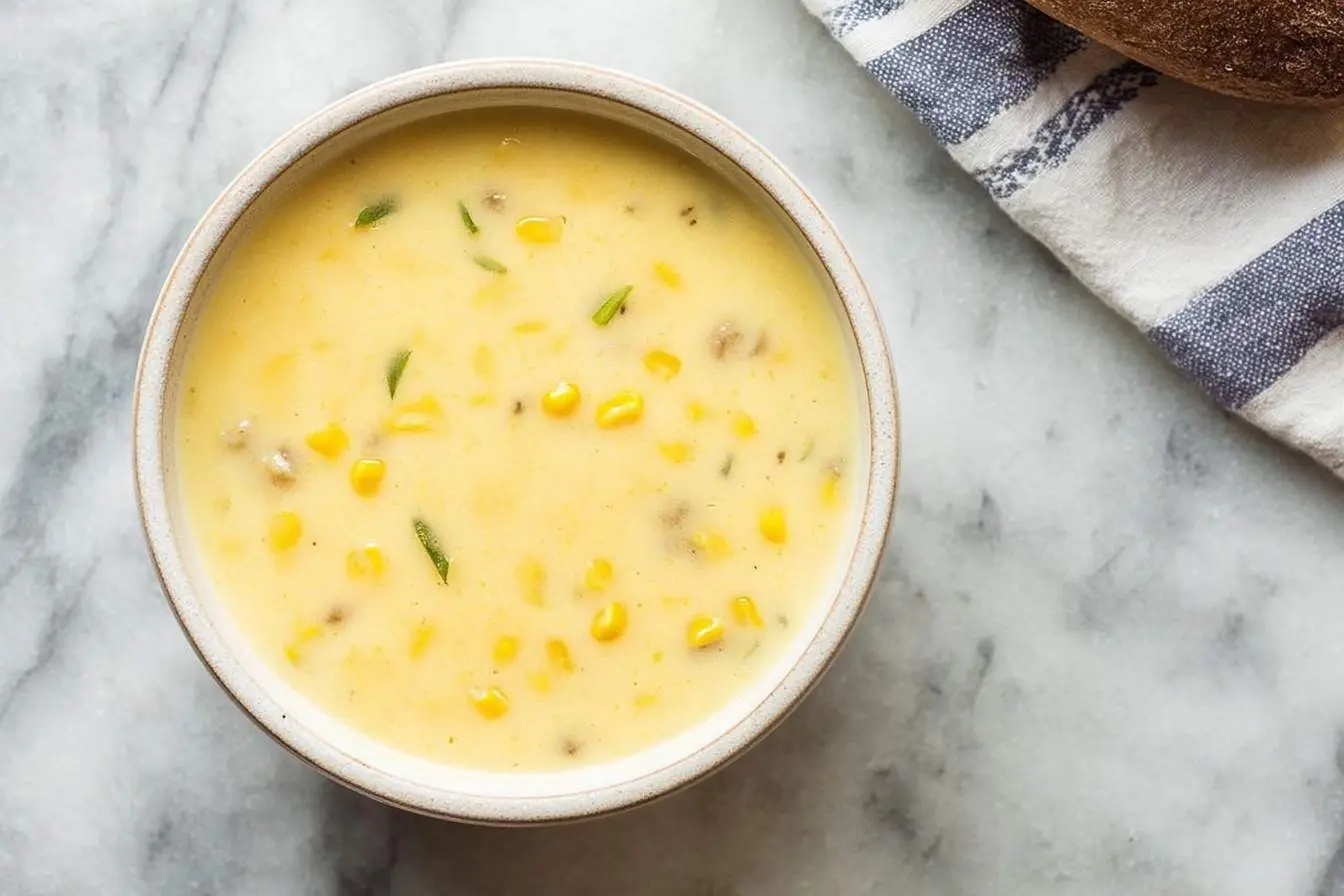 A creamy bowl of corn soup garnished with fresh herbs and small meat pieces, served on a marble countertop with a striped towel and bread.