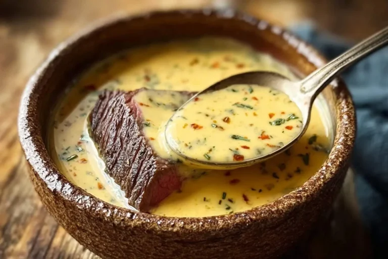 A juicy steak piece in a rustic bowl, generously coated in a creamy Cowboy Butter Dipping Sauce being scooped by a spoon.