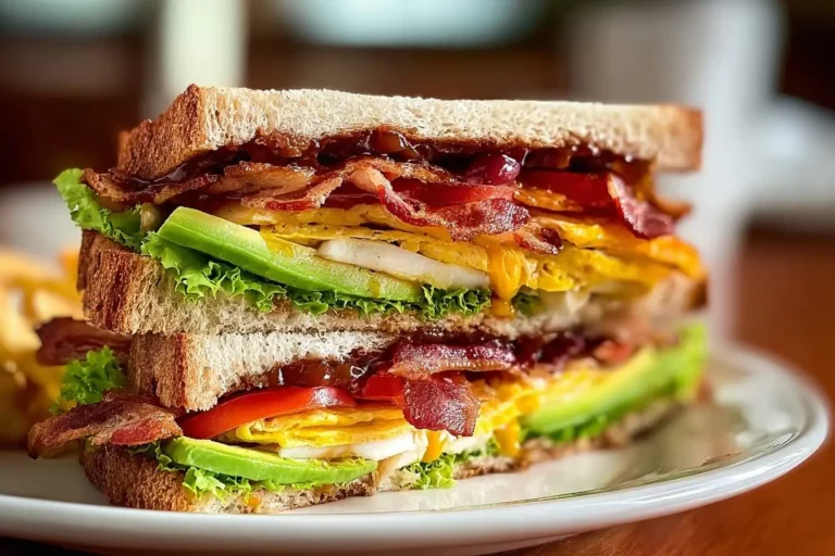 A towering Cowboy Club Sandwich, expertly cut in half, showcasing layers of crispy bacon, avocado, scrambled eggs, lettuce, and tomato.