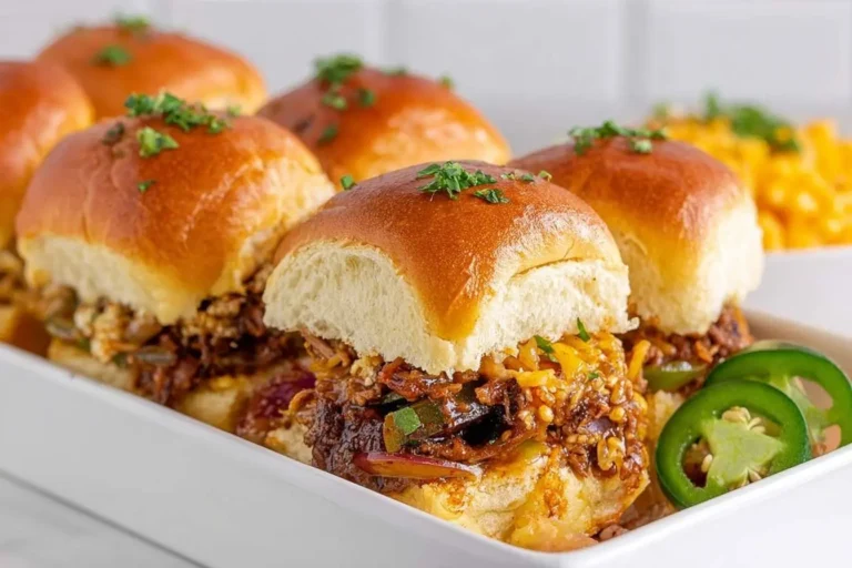 A white dish filled with savory Cowboy Sliders topped with golden buns and herbs, served with jalapeño slices and macaroni and cheese.